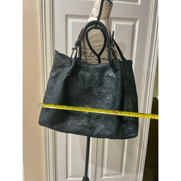 STELLA BIANCA SATCHEL CROSSBODY BAG MADE IN ITALY TOOLED EMBOSSED BLACK LEATHER - Picture 6 of 13